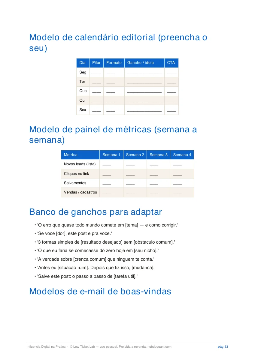 Calendário e métricas, referência visual apresentada no guia